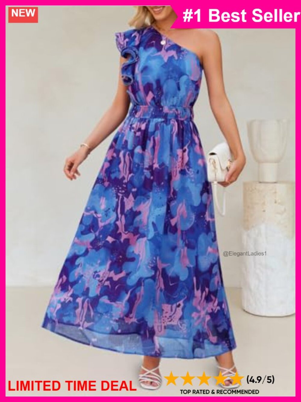 Women's Floral Sleeveless One Shoulder Ruffle Chiffon Maxi Dress Summer Beach - Picture 3 of 6